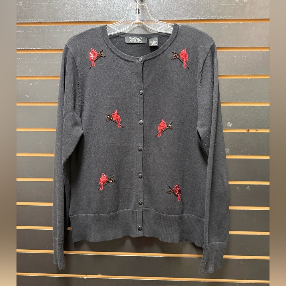 Crystal-Kobe Black Cardigan Red Bird Embroidered Button Front Sweater L